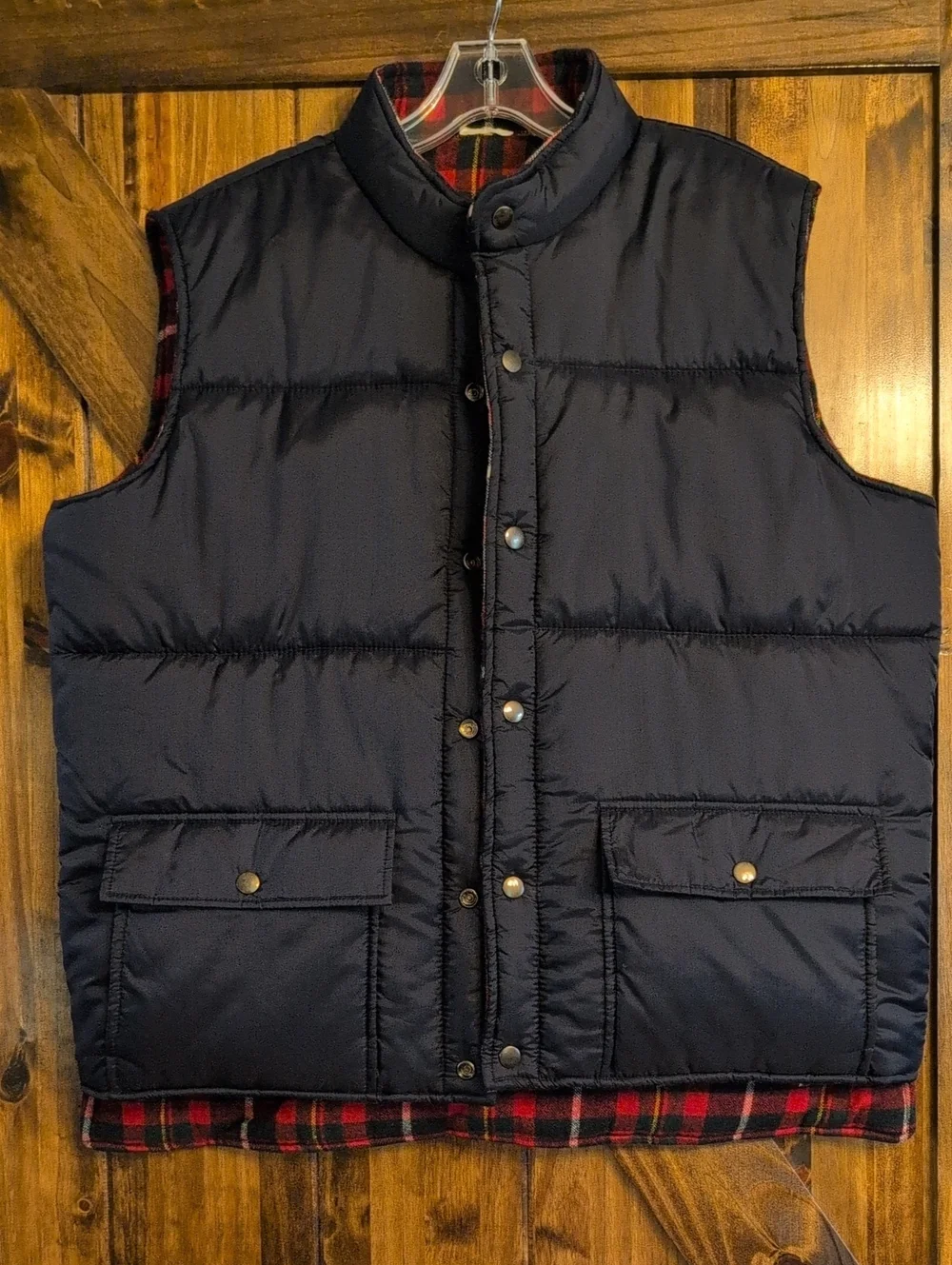 Vintage Arrow Reversible Wool Nylon Snap Puffer Vest Mens Large Plaid Navy
